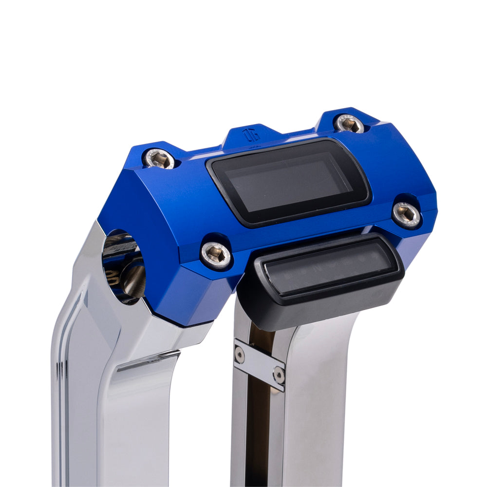 OG Chrome 10.5 inch Pull Back Risers with Blue Digital Gauge Cut Out Top Clamp