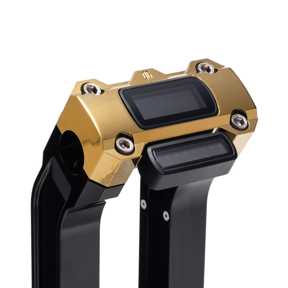 OG Black 6.5 inch Pull Back Risers with Gold Plating Digital Gauge Cut Out Top Clamp